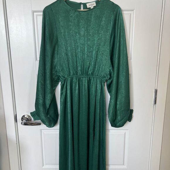 Aura Emerald Green Satin Maxi Dress With A Tie Belt Slit Long Puff Sleeves Small - Picture 5 of 7